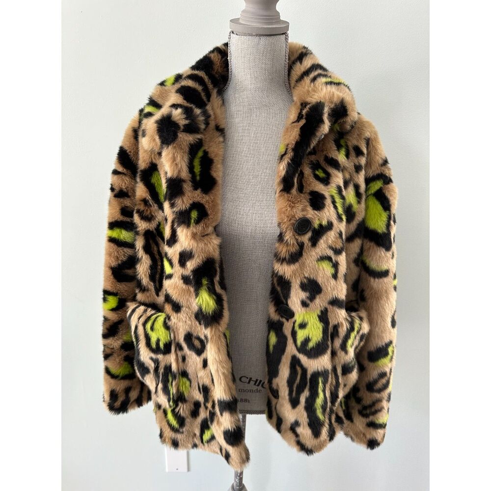 Topshop Animal Print Leopard Neon Green Faux Fur Coat Brown Jacket US 6 UK 10 - Picture 4 of 7
